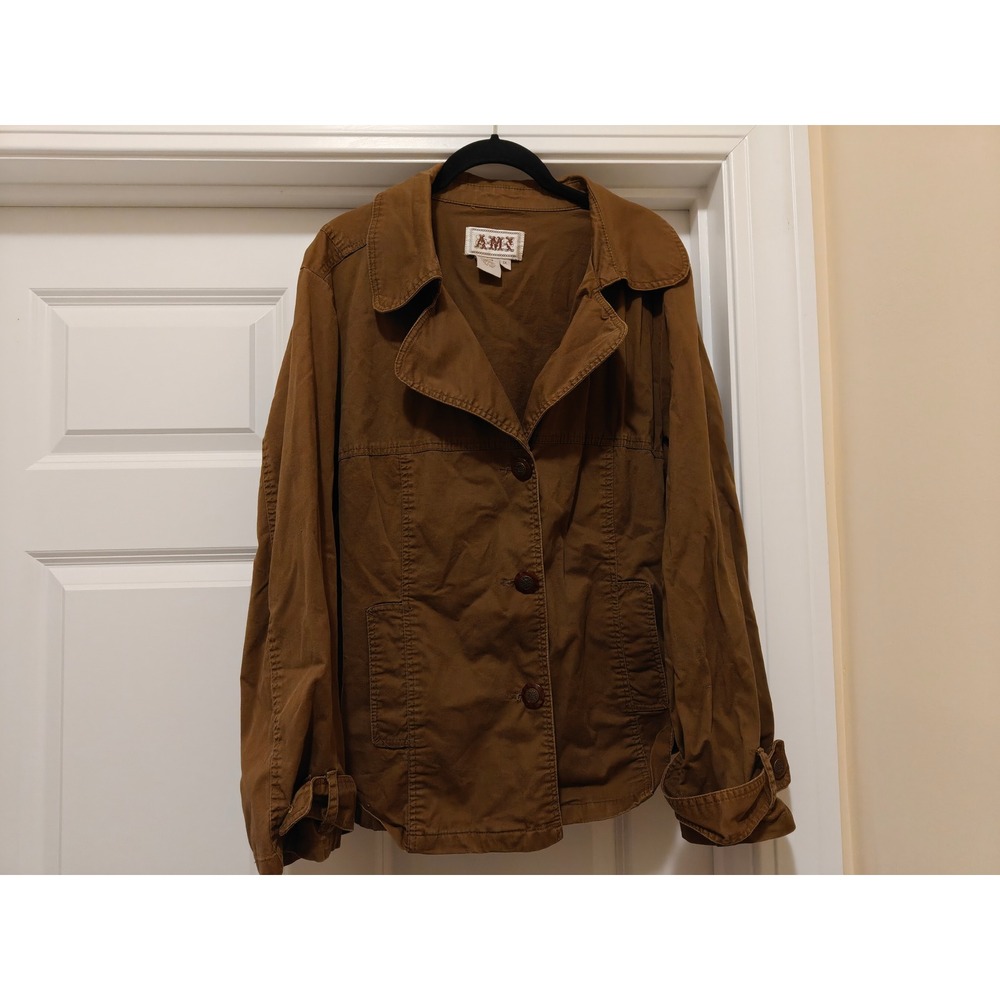 AMX Womens Plus 1X Brown Cotton Utility Jacket Button Front Chore Coat 25183X